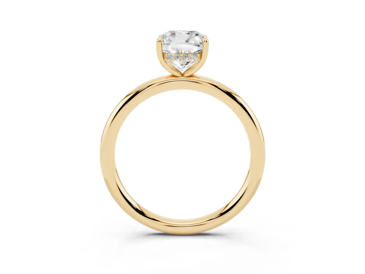 Cushion Cut Diamond Solitaire Ring with Thin Band and Four-Prong Setting Yellow gold