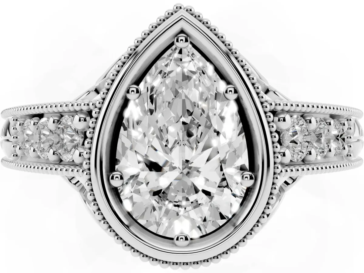 Bezel Set Pear Cut Diamond Milgrain Pave Engagement Ring Silver