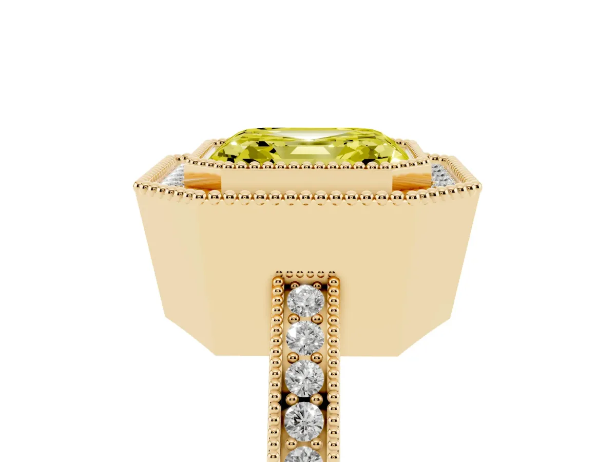 Fancy Yellow Asscher Cut Cut Halo Diamond Ring with Pavé Band and Milgrain Prong Setting Yellow gold