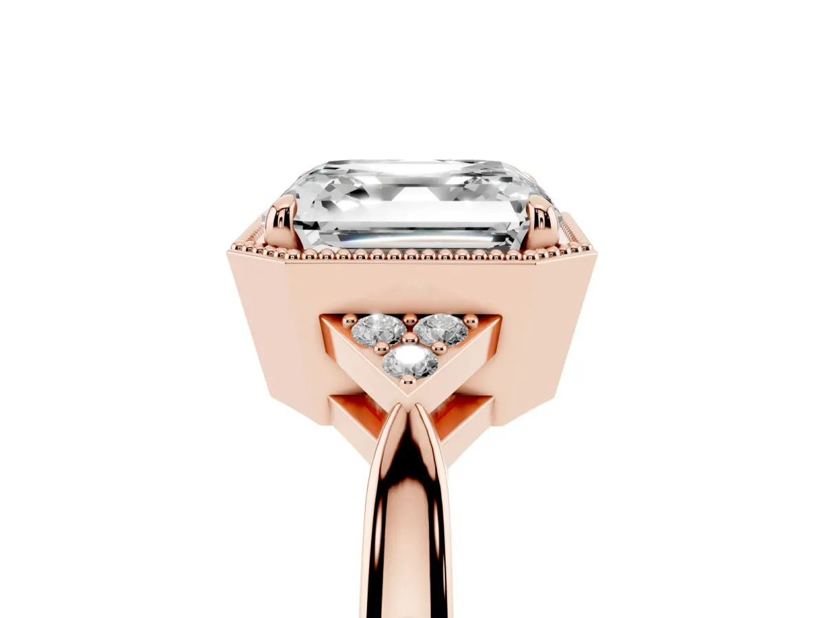 Hexagonal Halo Asscher Cut Diamond Solitaire with Pavé Band and Four-Prong Setting Rose gold