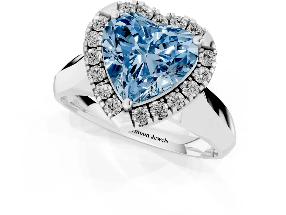 Fancy Blue Heart Cut Cut Halo Solitaire Engagement Ring with Square Band and Four-Prong Setting Silver