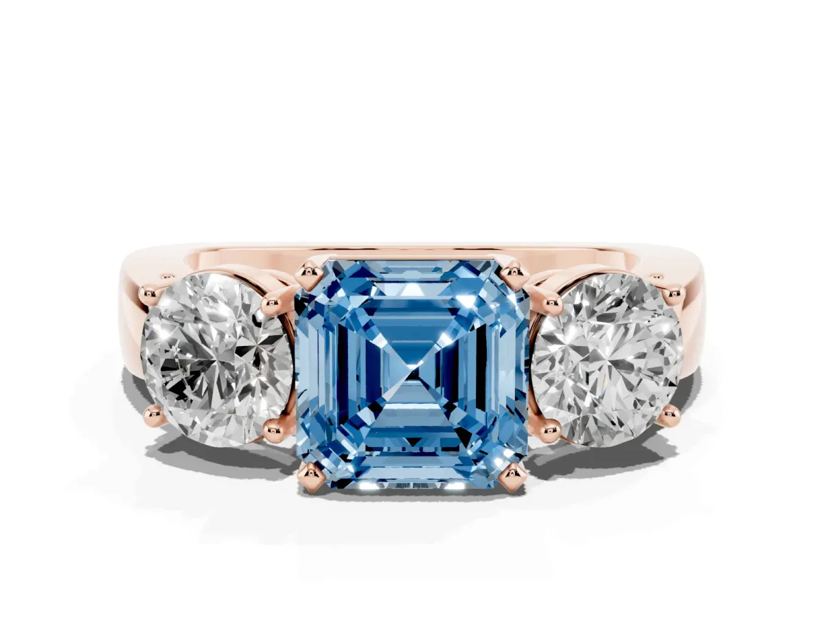 Fancy Blue Three-Stone Asscher Cut Diamond Ring with Round Side Stones, Classic Band, and Four-Prong Setting Rose gold
