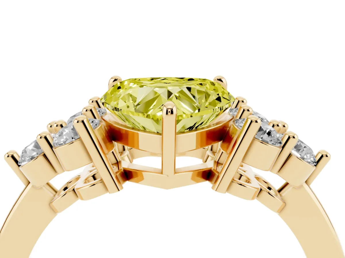 Fancy Yellow Heart Cut Brilliant Diamond Cluster Accent Solitaire Ring with Prong Setting Yellow gold