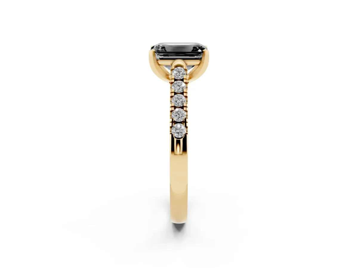 Fancy Black Emerald Cut Diamond Pavé Band Solitaire Ring with Prong Setting Yellow gold