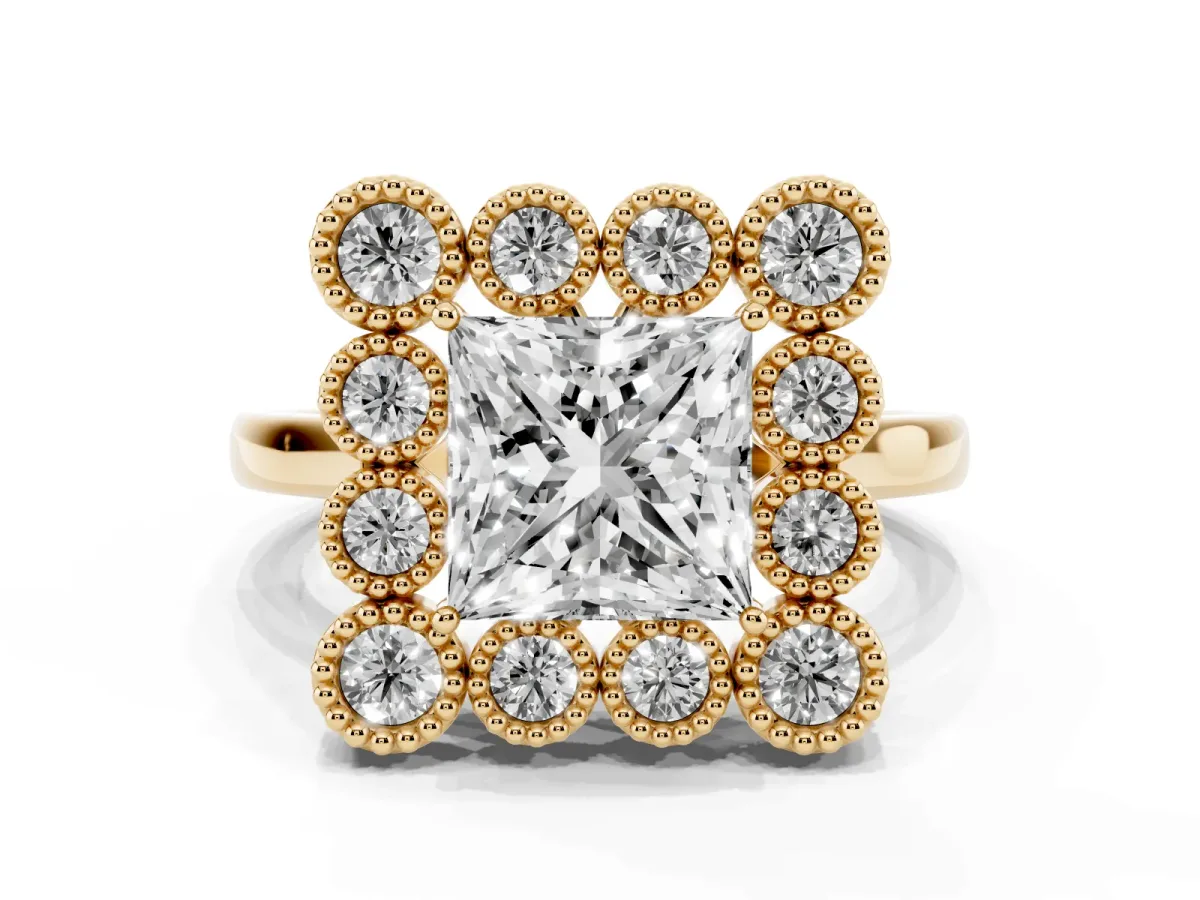 Princess Cut Halo Diamond Cluster Engagement Ring with Milgrain Bezel Setting and Solitaire Band Yellow gold
