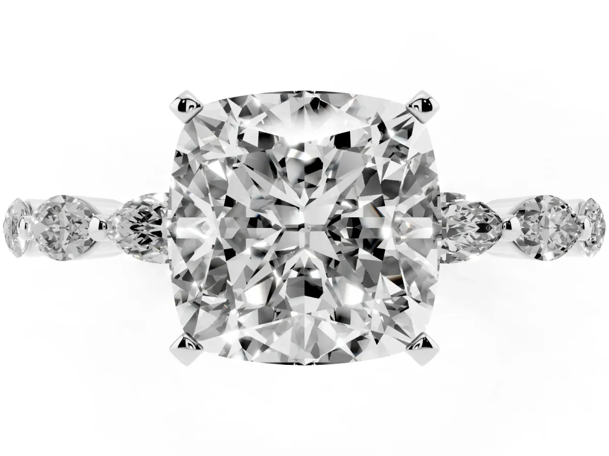 Cushion Cut Diamond Ring with Marquise Side Stones and Prong Setting Silver