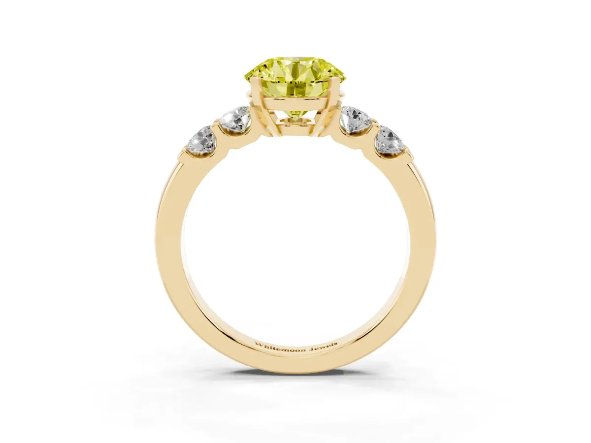 Fancy Yellow Round Cut Brilliant Cut Diamond Five-Stone Prong Set Engagement Ring with Channel Band Yellow gold