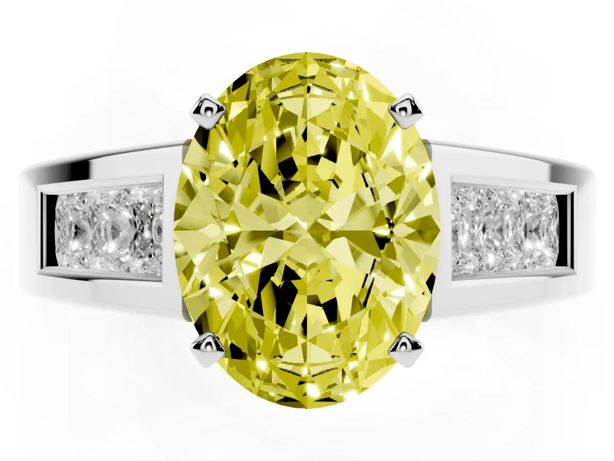 Fancy Yellow Oval Cut Cut Channel Set Solitaire Ring with Four-Prong Setting Silver