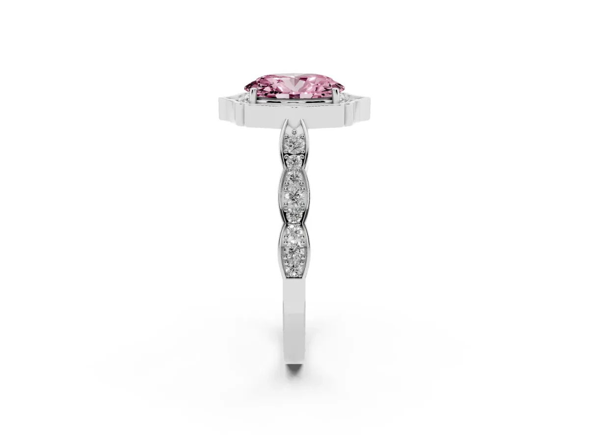 Fancy Pink Oval Cut Halo Diamond Engagement Ring with Milgrain Band and Four-Prong Setting Platinum