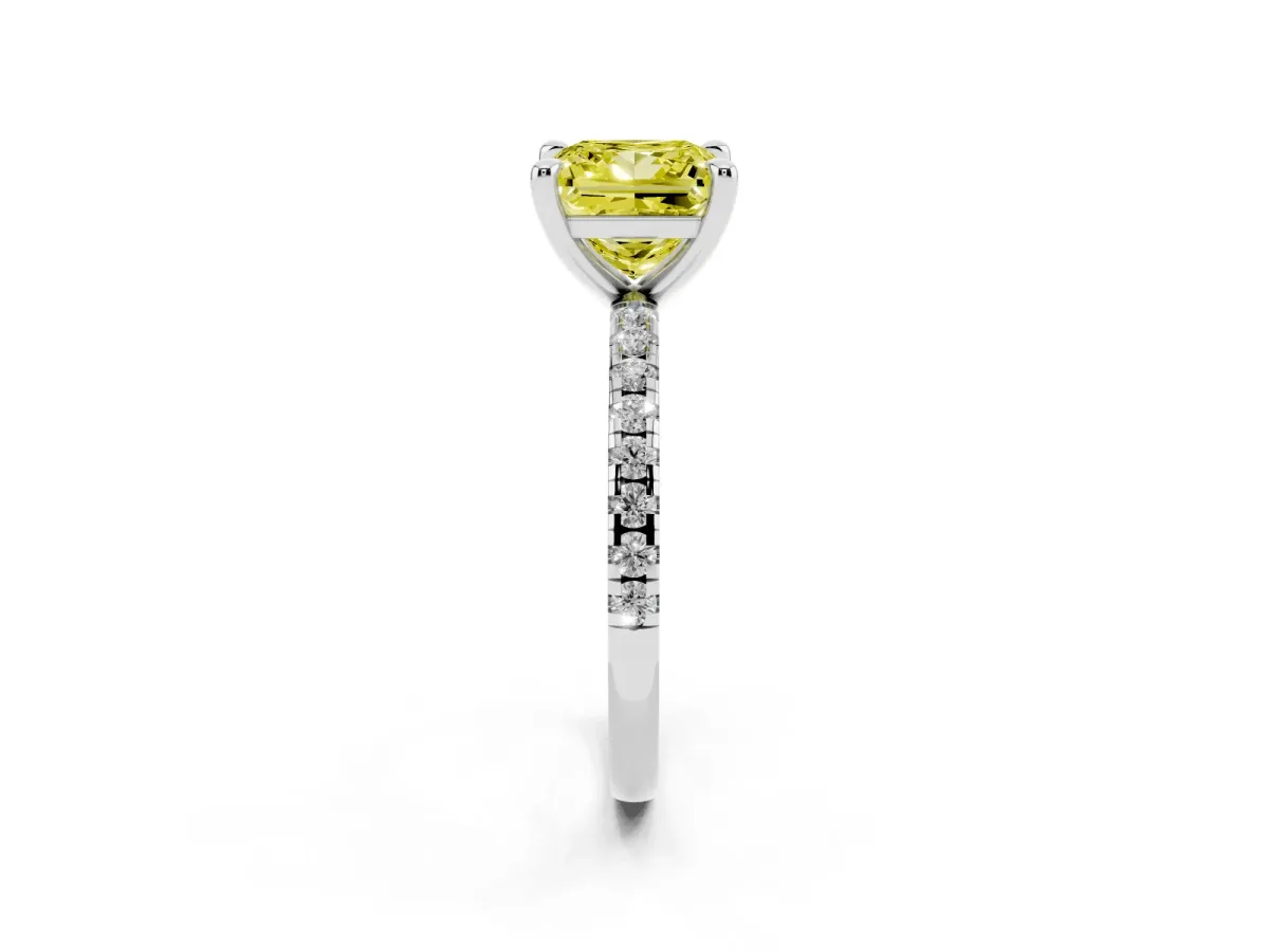 Fancy Yellow Princess Cut Diamond Brilliant Solitaire Ring with Pavé Band and Four-Prong Setting Platinum