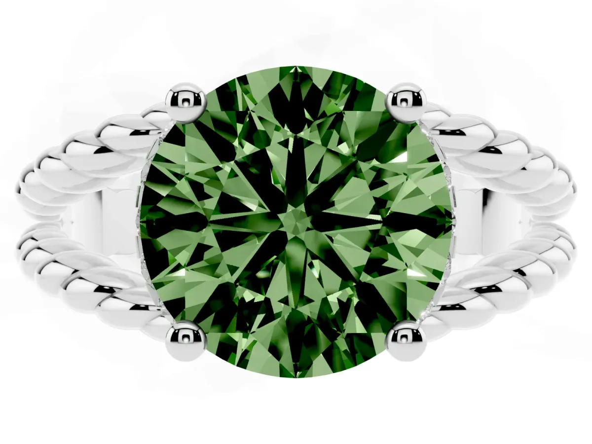 Fancy Green Round Cut Halo Twisted Band Four-Prong Ring Silver
