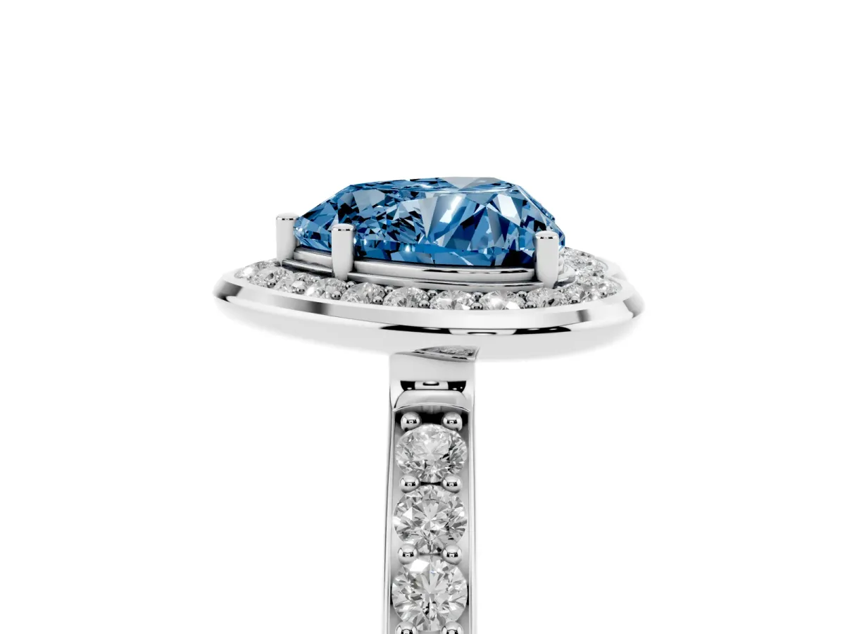 Fancy Blue Heart Cut Diamond Halo Ring with Bezel Frame and Pavé Band Silver