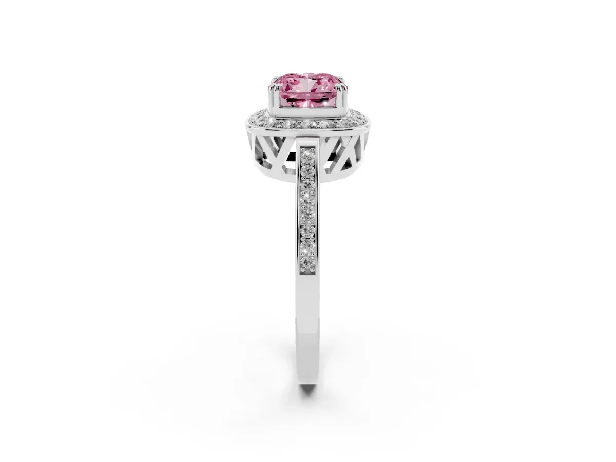 Fancy Pink Cushion Cut Diamond Halo Ring with Split Shank and Four-Prong Setting Silver