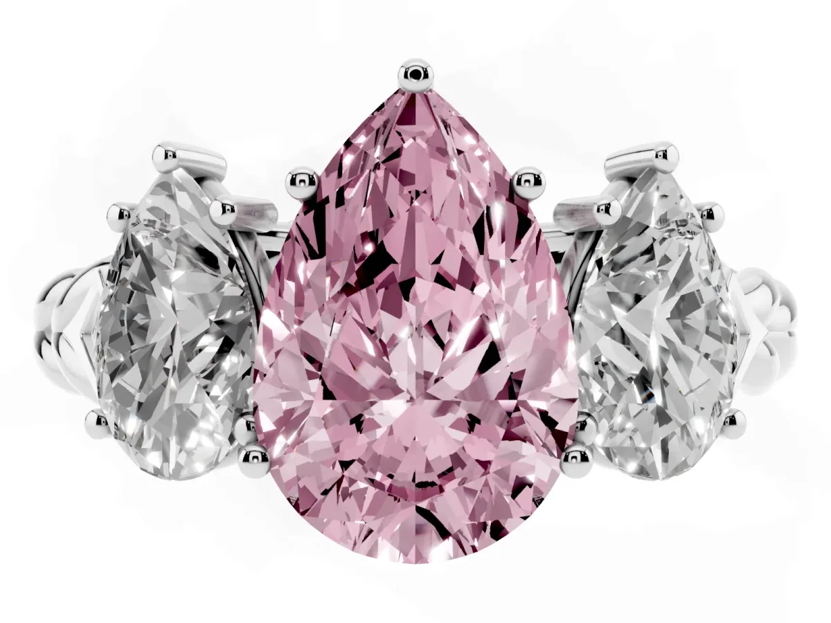 Fancy Pink Three-Stone Pear Cut Diamond Braided Band Ring with Four-Prong Setting Platinum