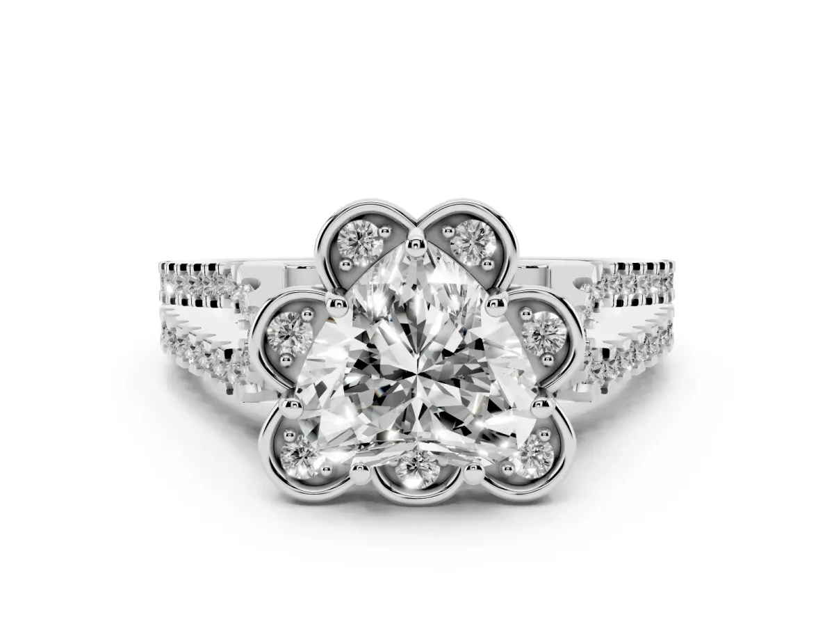 Heart Cut Halo Diamond Floral Split Shank Engagement Ring Silver