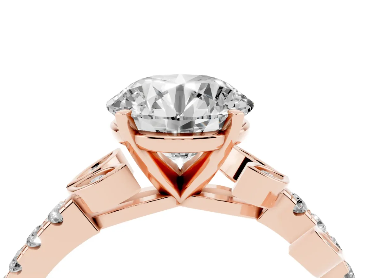 Round Cut Solitaire Leaf-Inspired Diamond Ring with Pavé Band and Four-Prong Setting Rose gold
