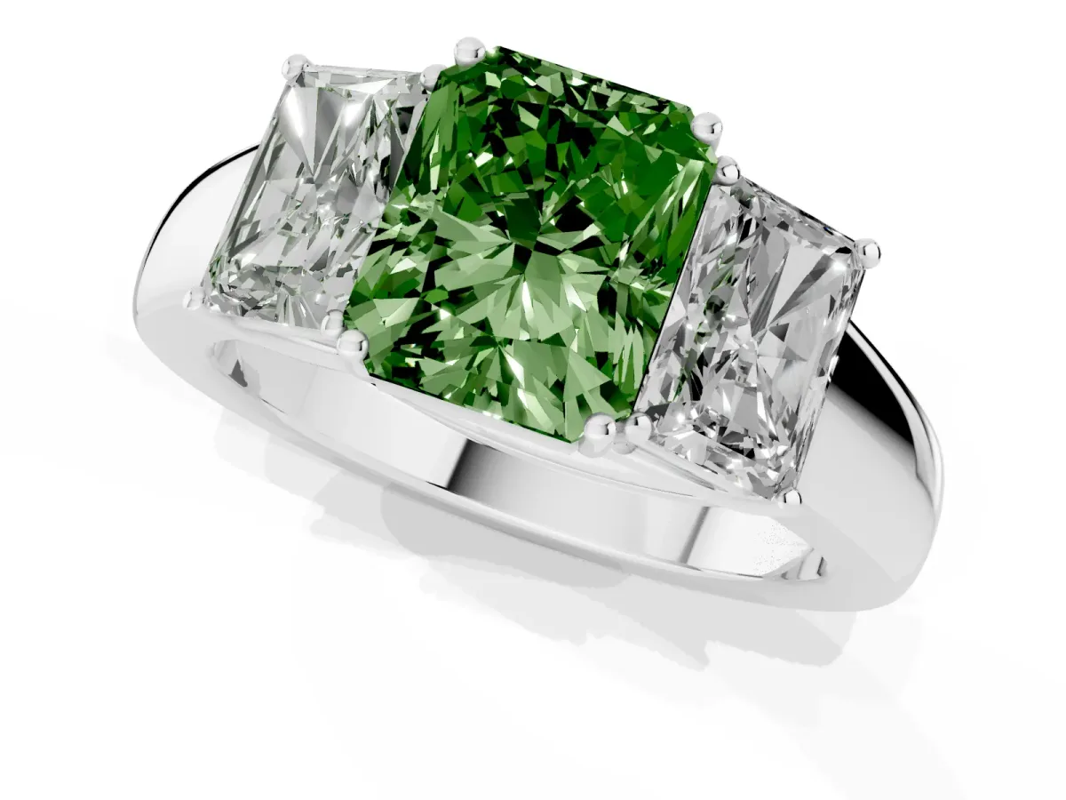 Fancy Green Three-Stone Radiant Cut Cut Diamond Ring with Prong Setting and Classic Band Silver