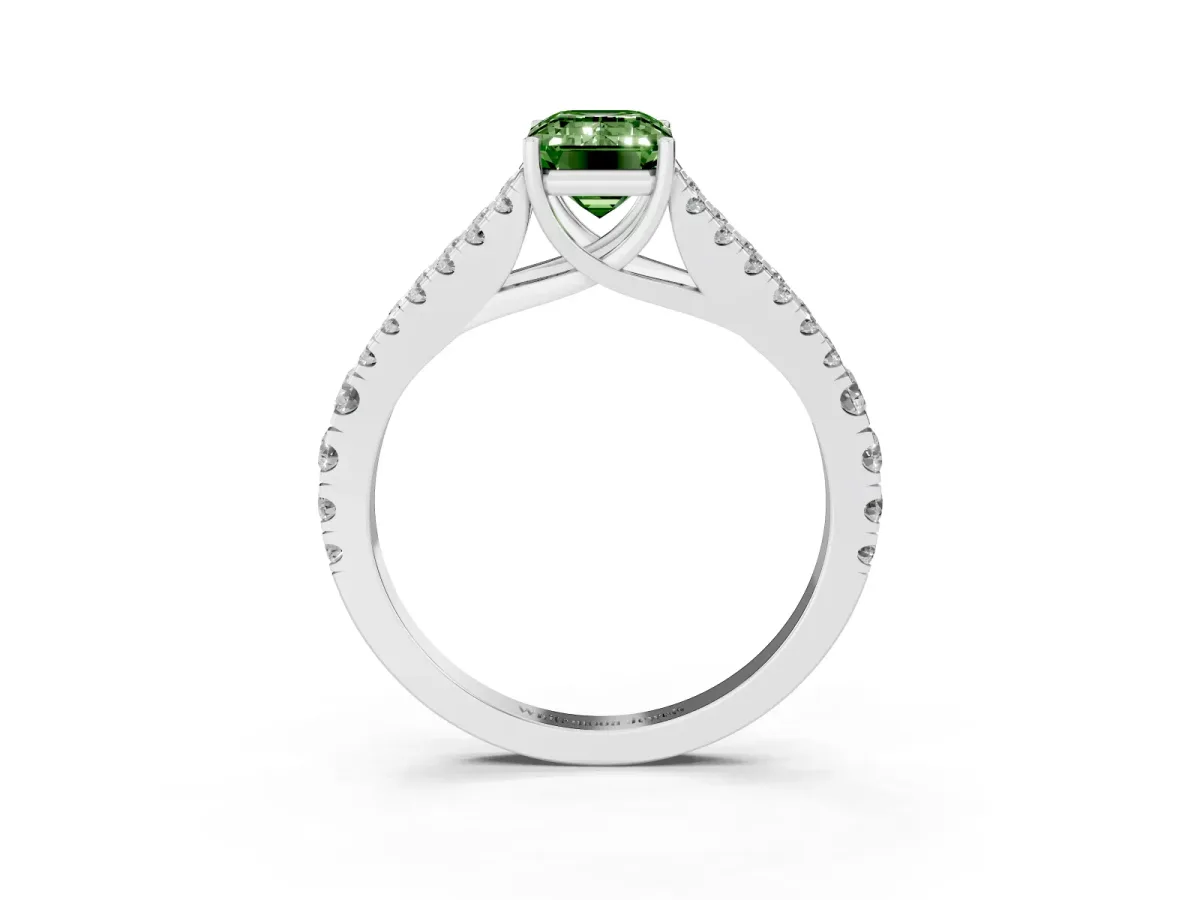 Fancy Green Emerald Cut Diamond Split Shank Engagement Ring with Round Pavé and Prong Setting Platinum