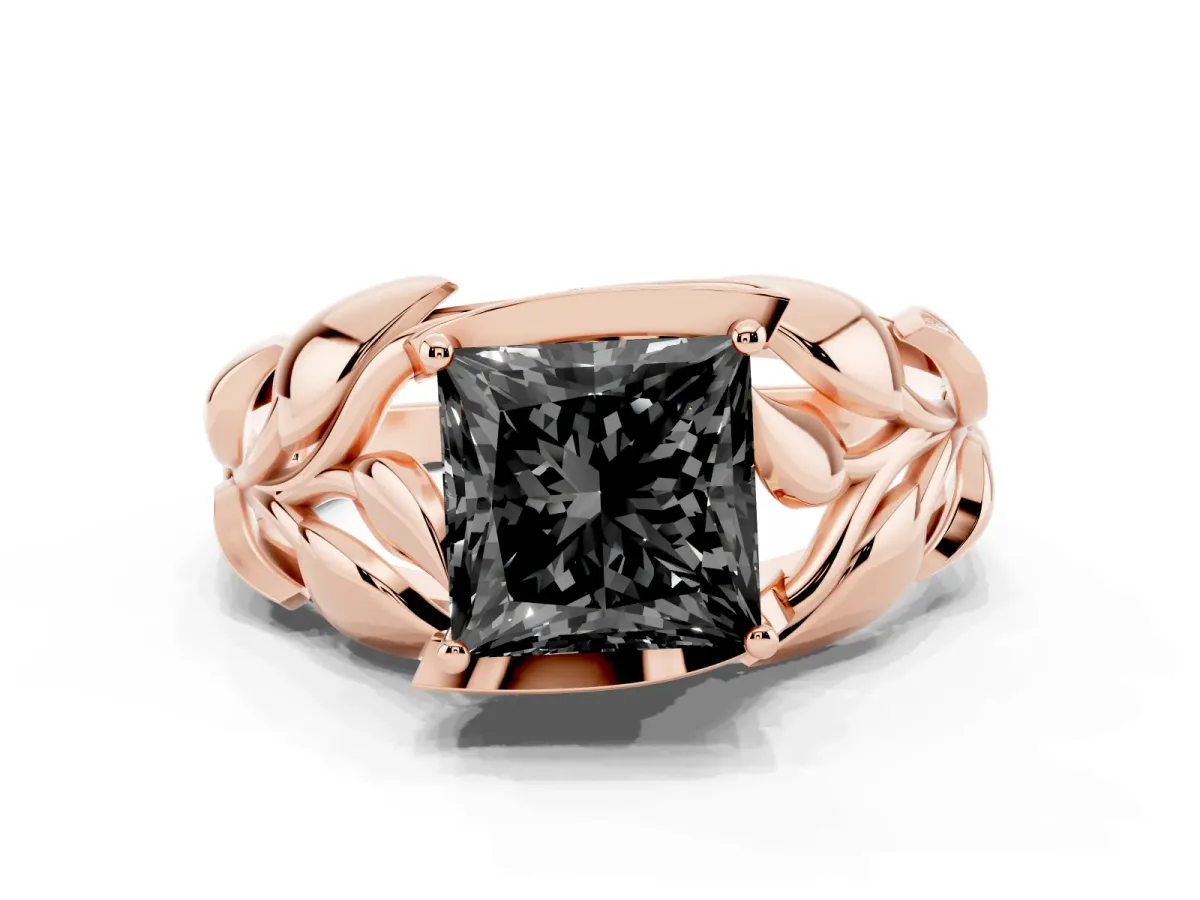 Fancy Black Princess Cut Diamond Leaf-Inspired Engagement Ring with Round Accents and Prong Setting Rose gold