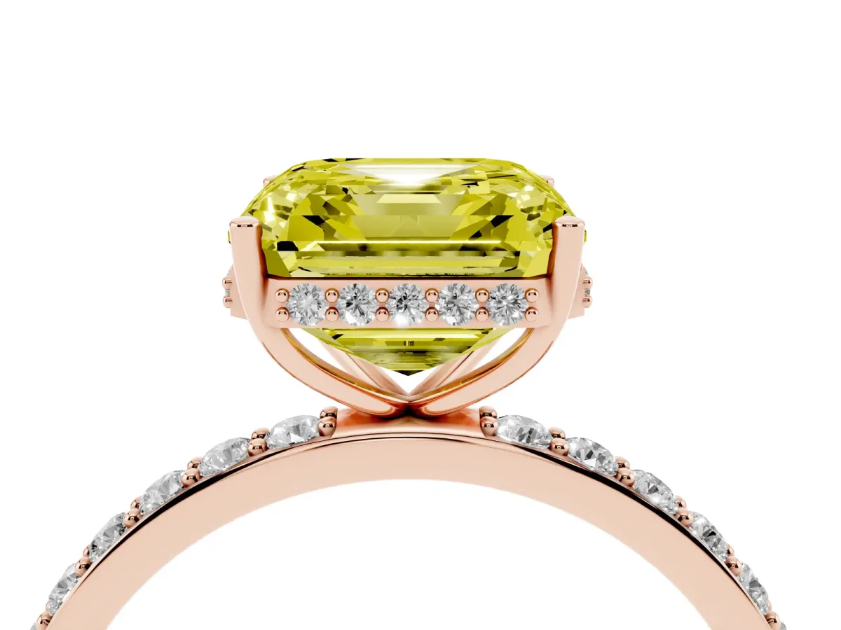 Fancy Yellow Asscher Cut Diamond Solitaire Ring with Pavé Band and Hidden Halo Rose gold