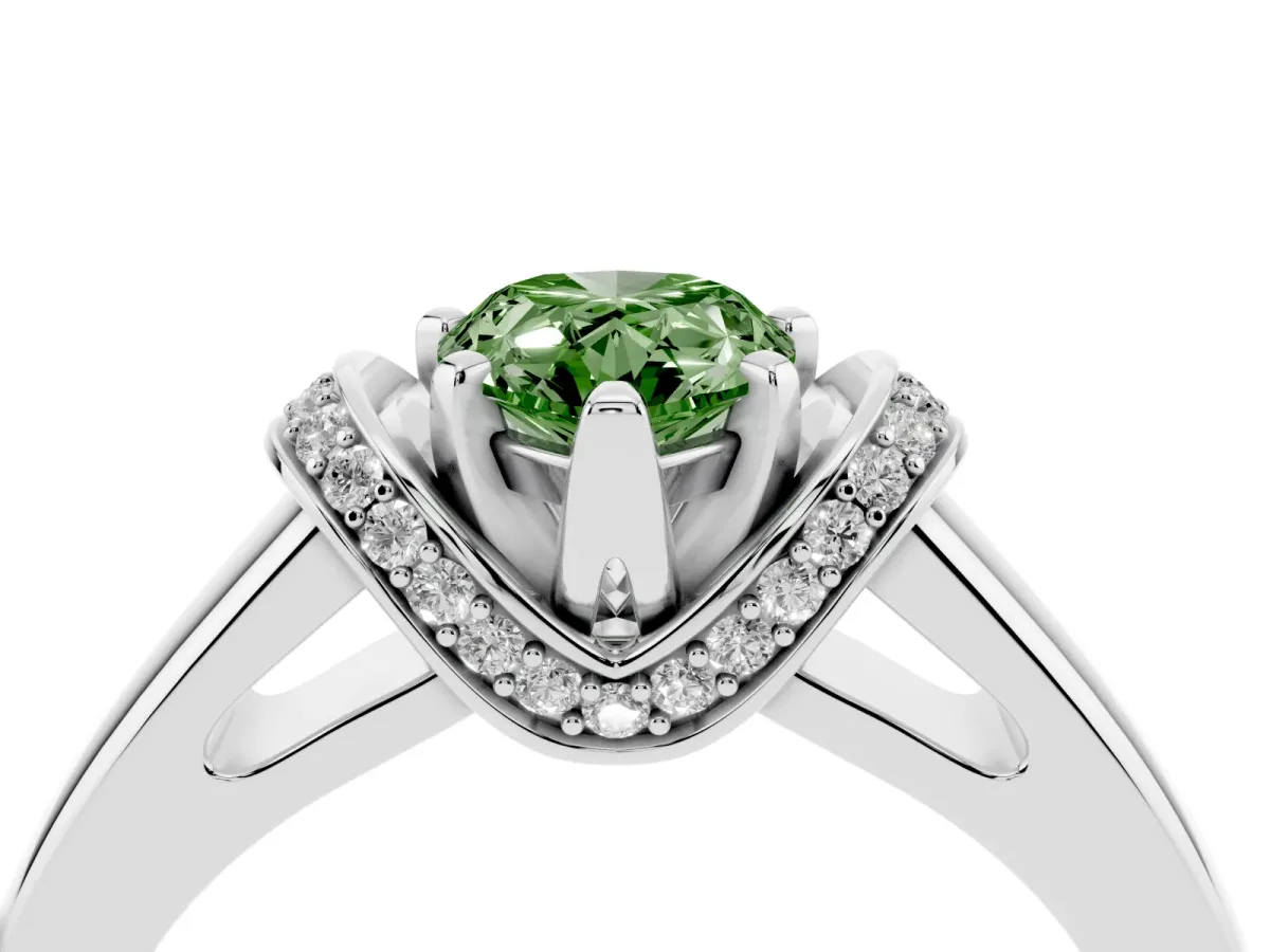 Fancy Green Pear Cut Solitaire Diamond Ring with Pave Band and Six-Prong Setting Silver