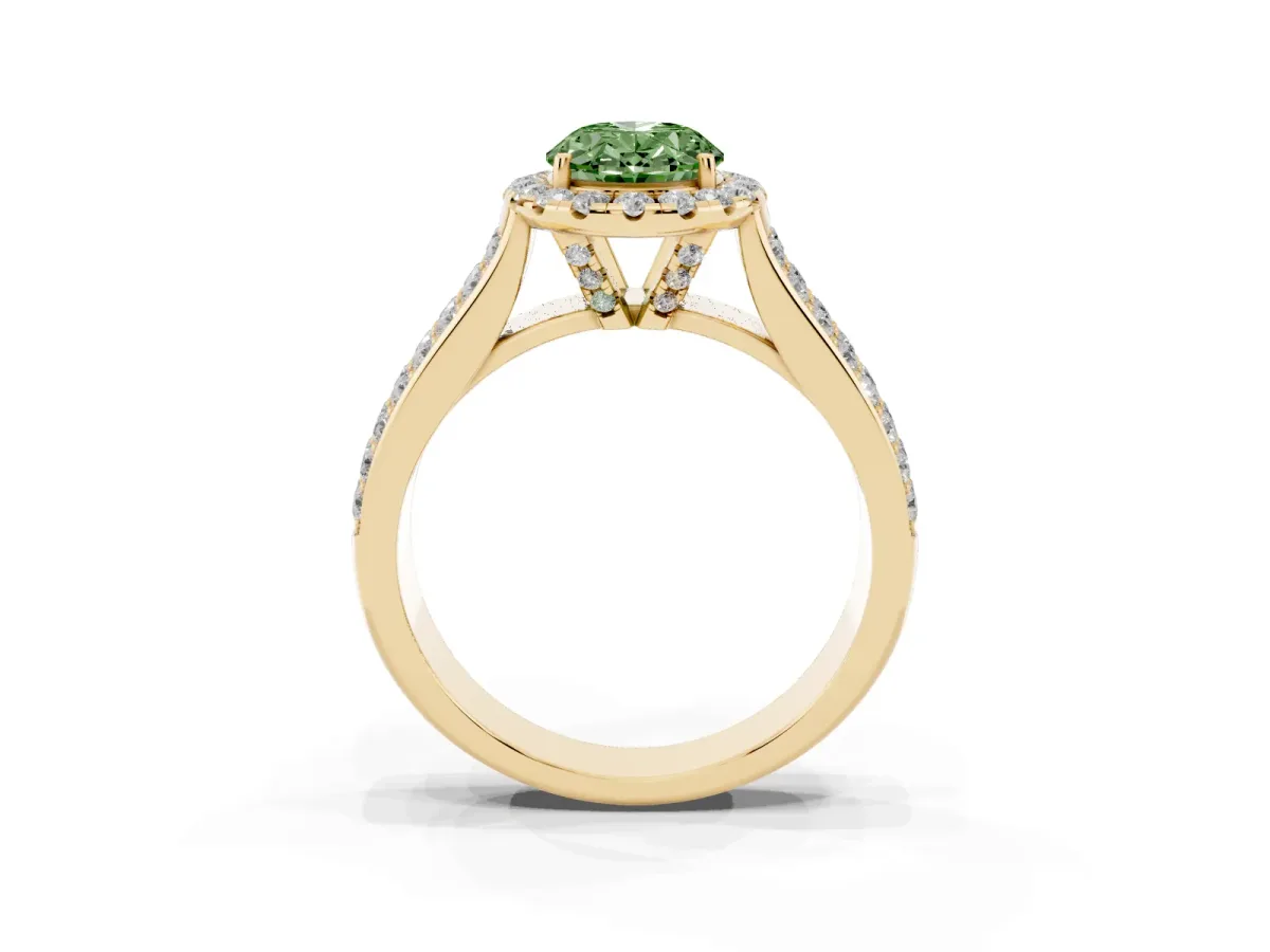 Fancy Green Oval Cut Halo Round Diamond Pave Band with Prong Setting Yellow gold