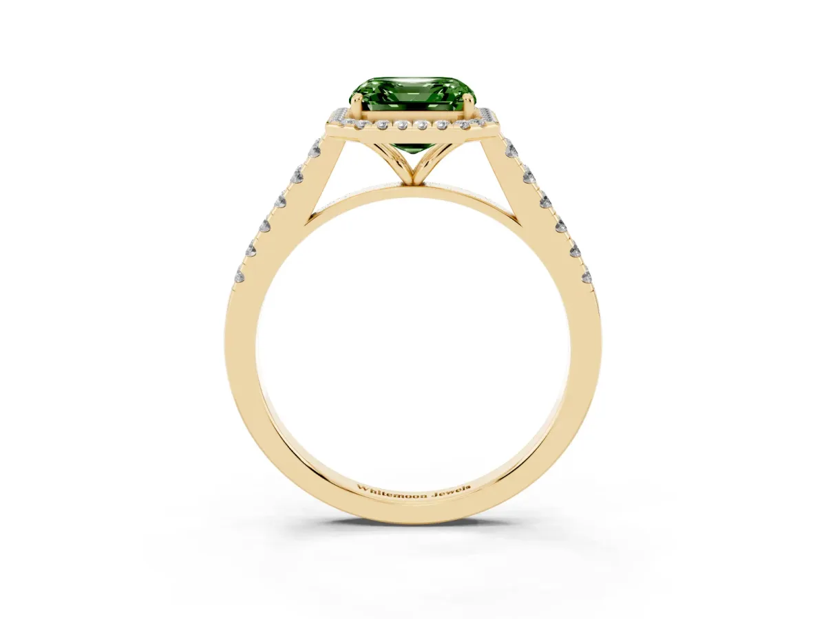 Fancy Green Asscher Cut Halo Pave Diamond Engagement Ring with Four-Prong Setting Yellow gold