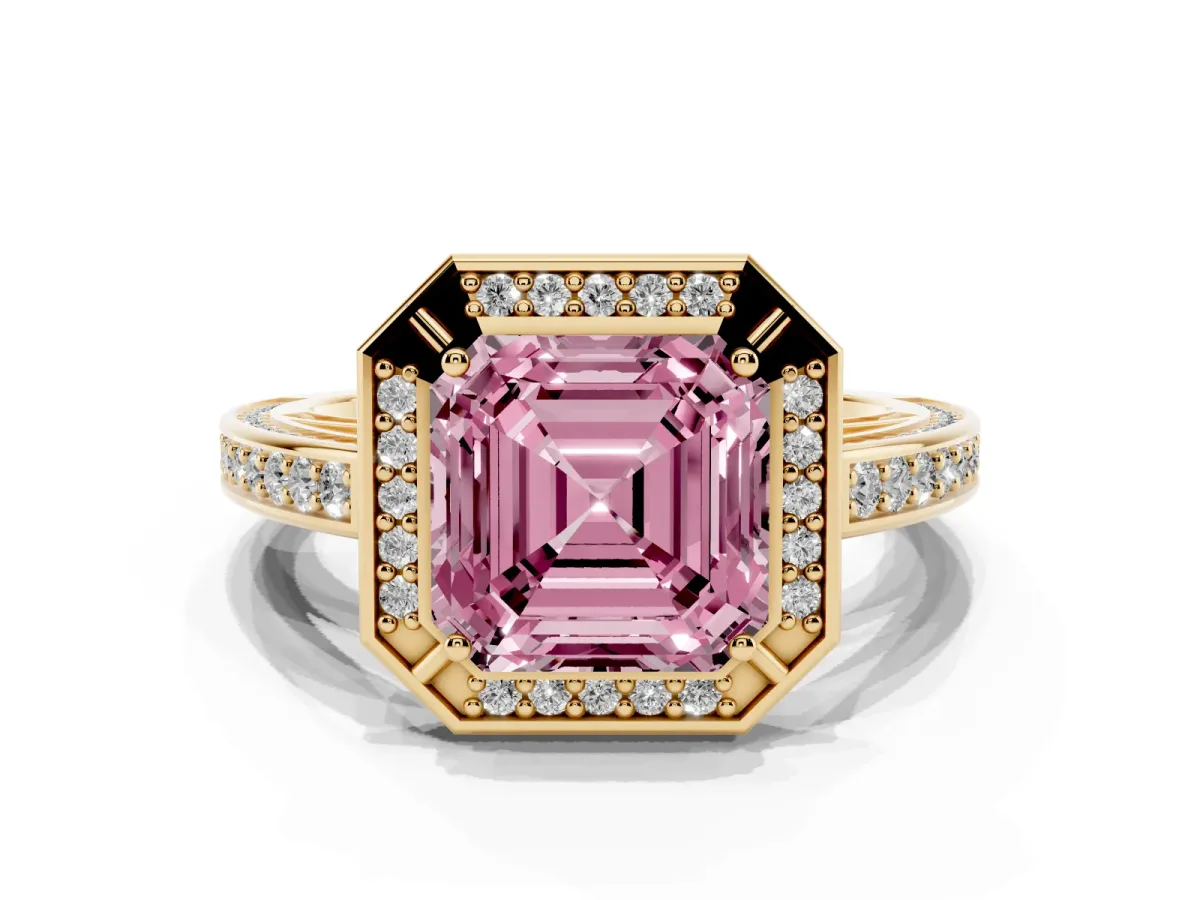 Fancy Pink Asscher Cut Cut Halo Pave Split Shank Prong Setting Ring Yellow gold