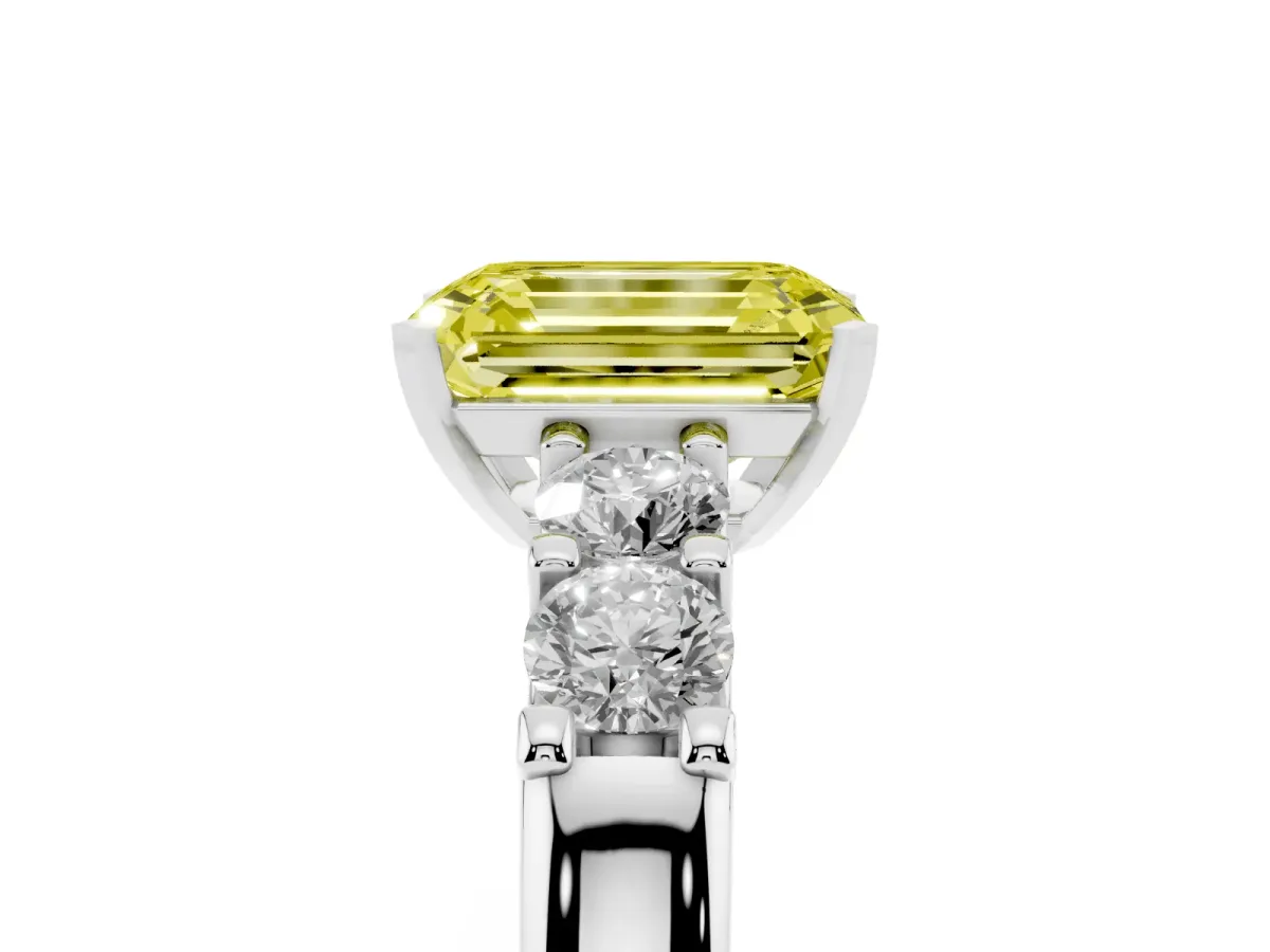 Fancy Yellow Emerald Cut Brilliant Cut Diamond Five-Stone Prong Set Engagement Ring with Channel Band Silver