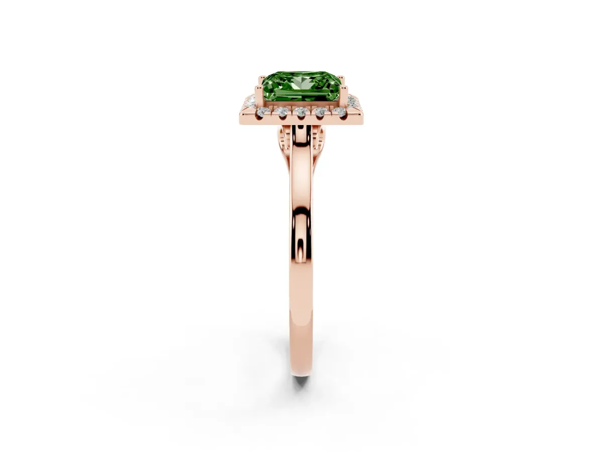 Fancy Green Princess Cut Halo Round Diamond Solitaire Ring with Pavé Band and Four-Prong Setting Rose gold
