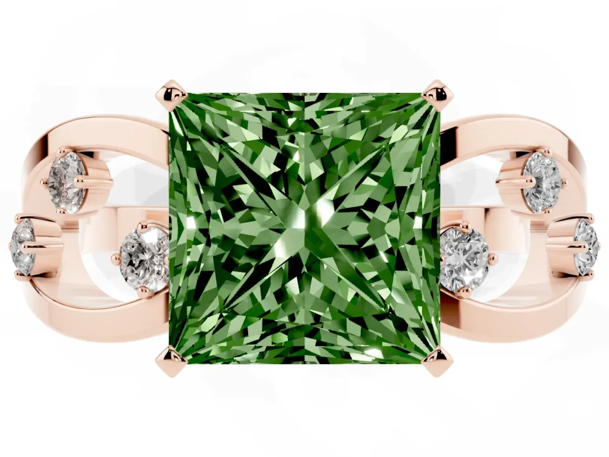 Fancy Green Princess Cut Cut Solitaire Diamond with Side Stones on Criss-Cross Band and Four-Prong Setting Rose gold
