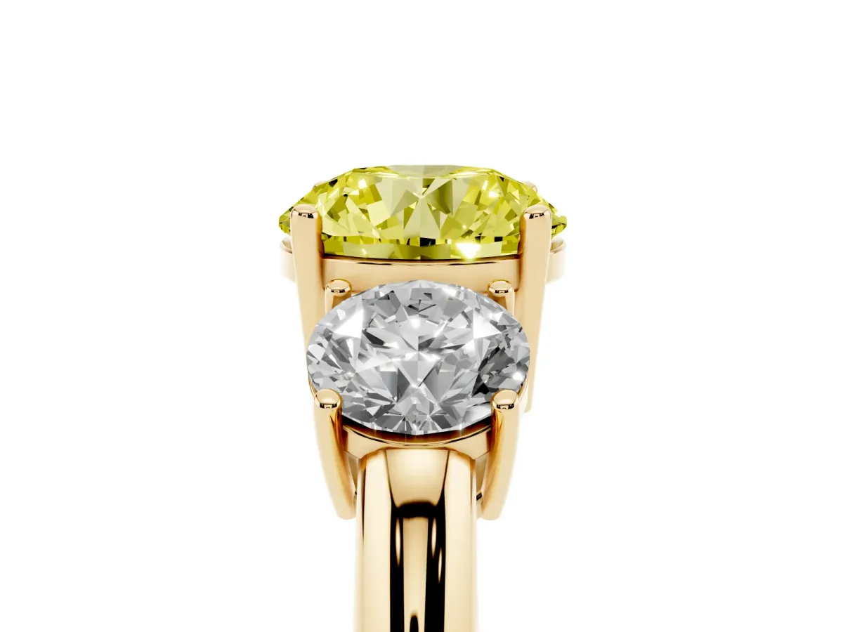 Fancy Yellow Three-Stone Round Cut Cut Diamond Engagement Ring with Prong Setting on a White Gold Band Yellow gold