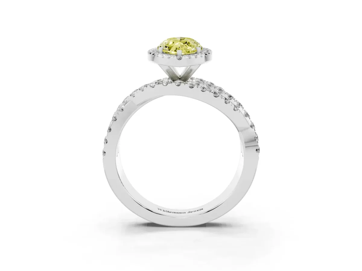 Fancy Yellow Marquise Cut Diamond Halo Ring with Round Split Shank and Prong Setting Silver