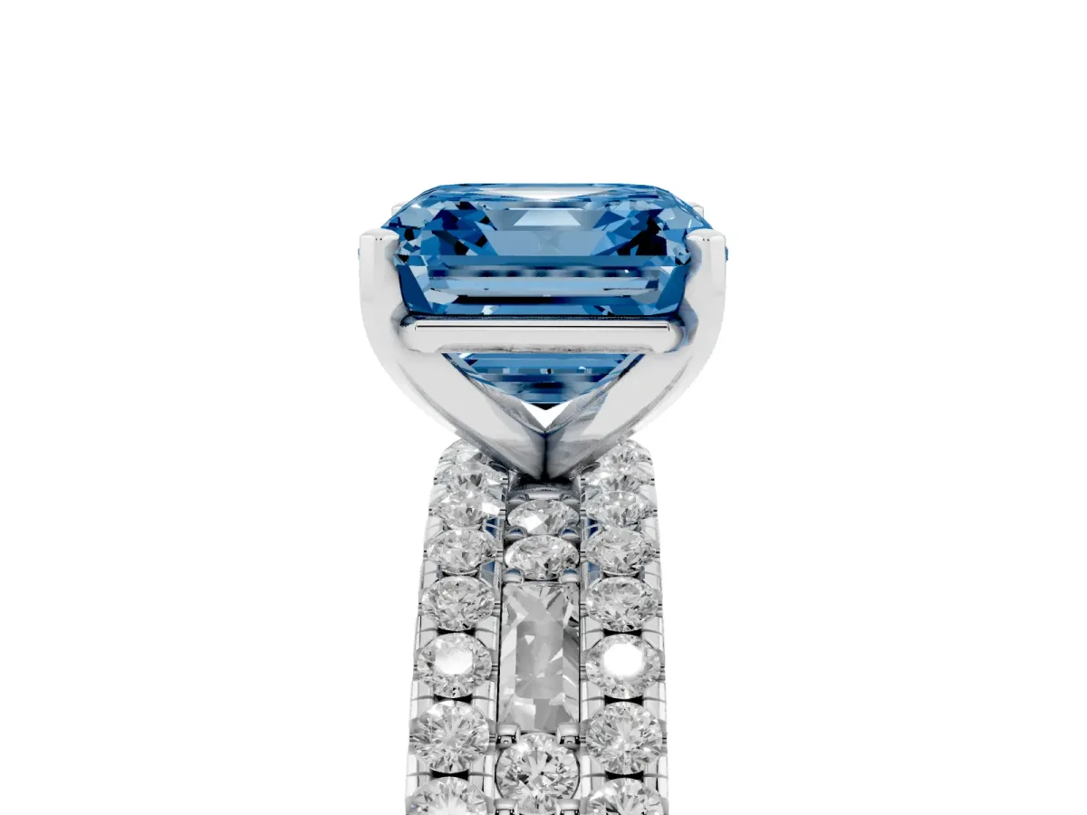 Fancy Blue Asscher Cut Diamond Solitaire Ring with Pavé and Channel Set Band Silver