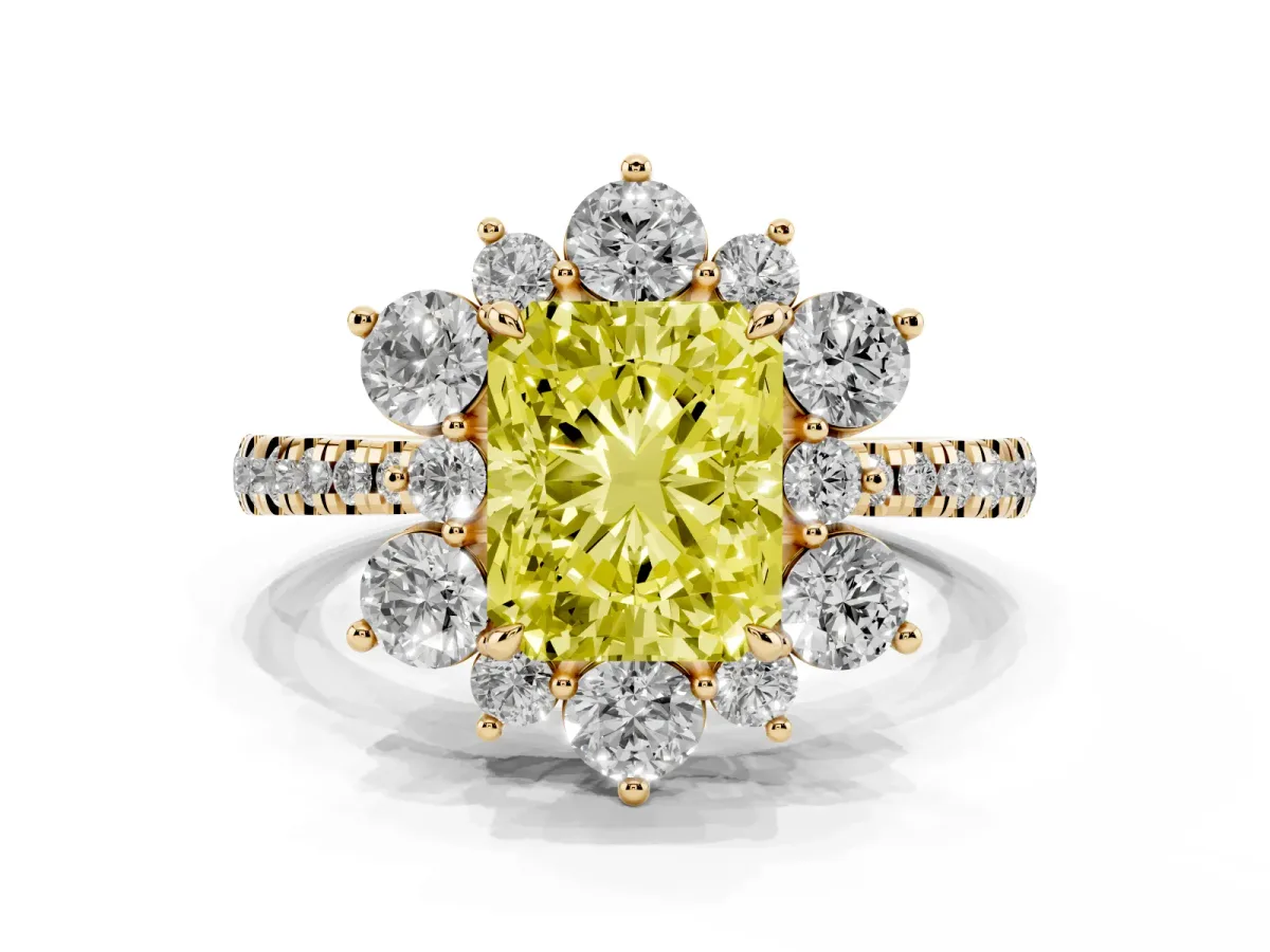 Fancy Yellow Radiant Cut Diamond Floral Halo Ring with Round Pavé Band and Prong Setting Yellow gold