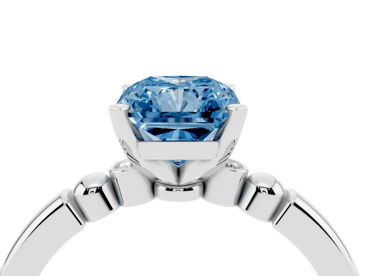 Fancy Blue Radiant Cut Solitaire Beaded Band with Four-Prong Setting White gold