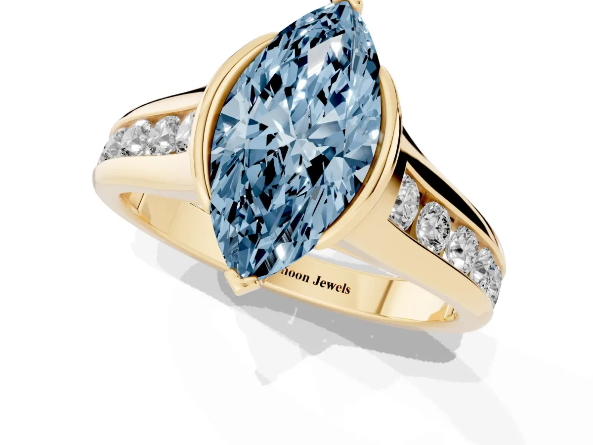 Fancy Blue Marquise Cut Solitaire Bezel-Set Diamond Ring with Channel-Set Band Yellow gold