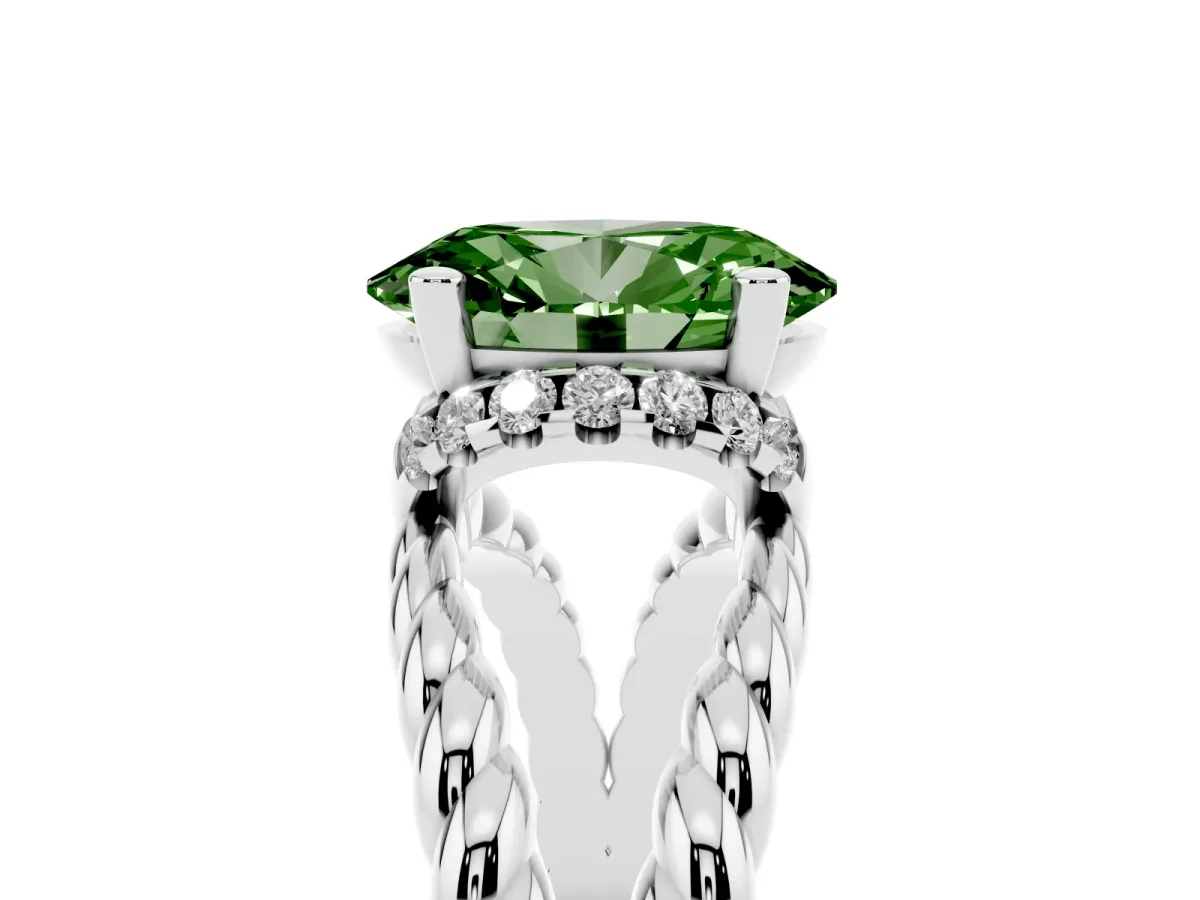 Fancy Green Oval Cut Halo Twisted Band Four-Prong Ring Silver