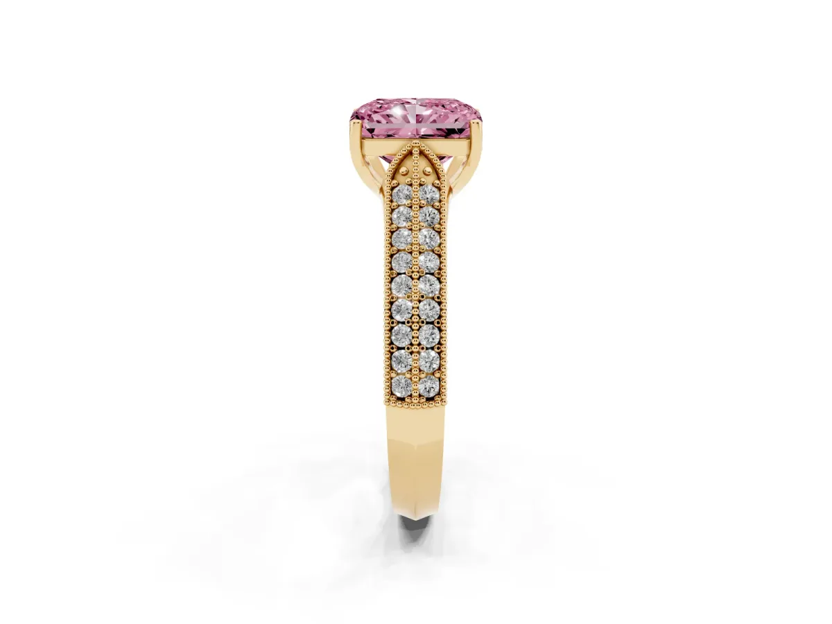 Fancy Pink Radiant Cut Cut Pave Split Shank Engagement Ring with Four-Prong Setting Yellow gold