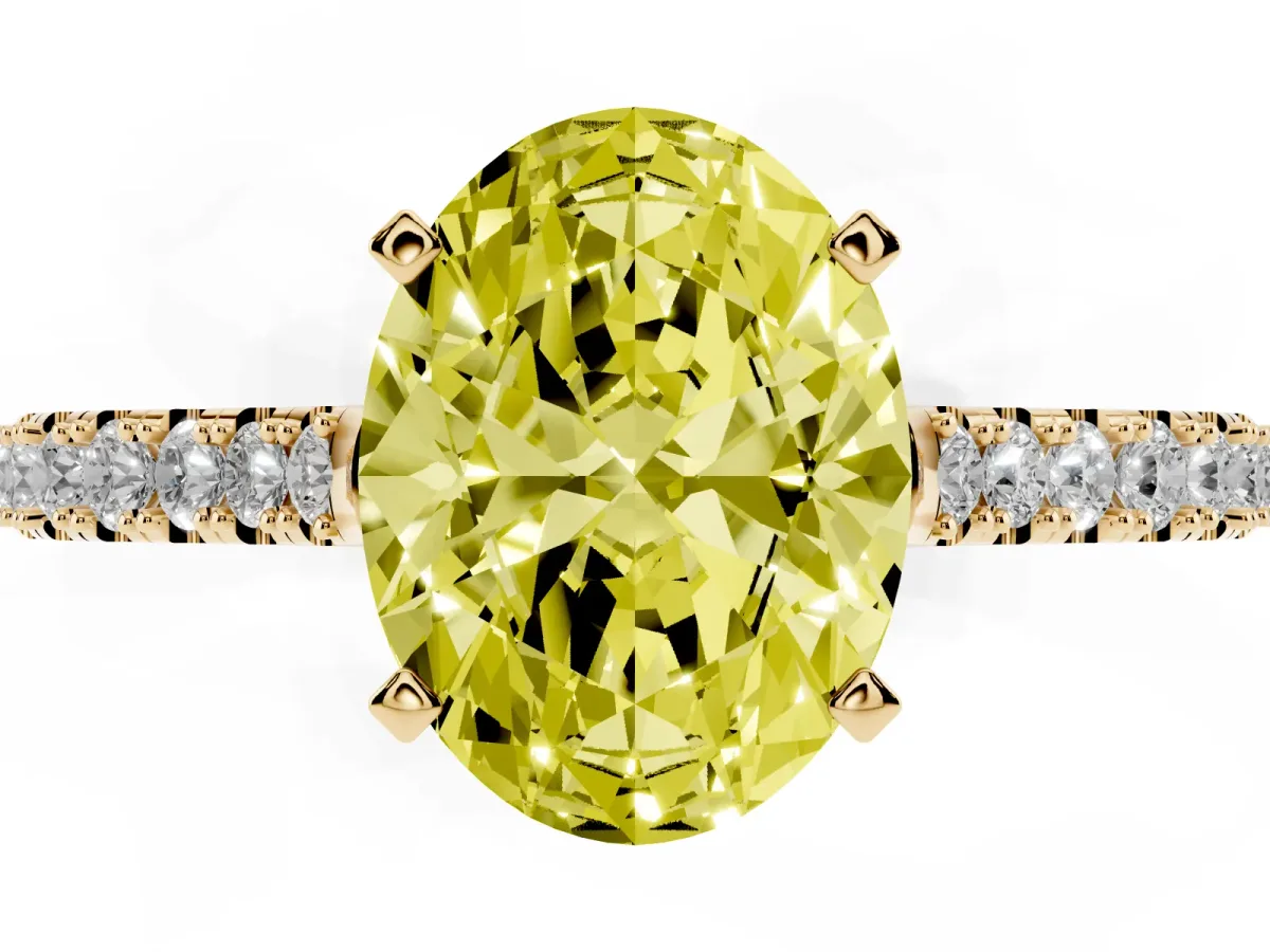 Fancy Yellow Oval Cut Cut Solitaire Diamond Engagement Ring with Pave Band and Four-Prong Setting Yellow gold