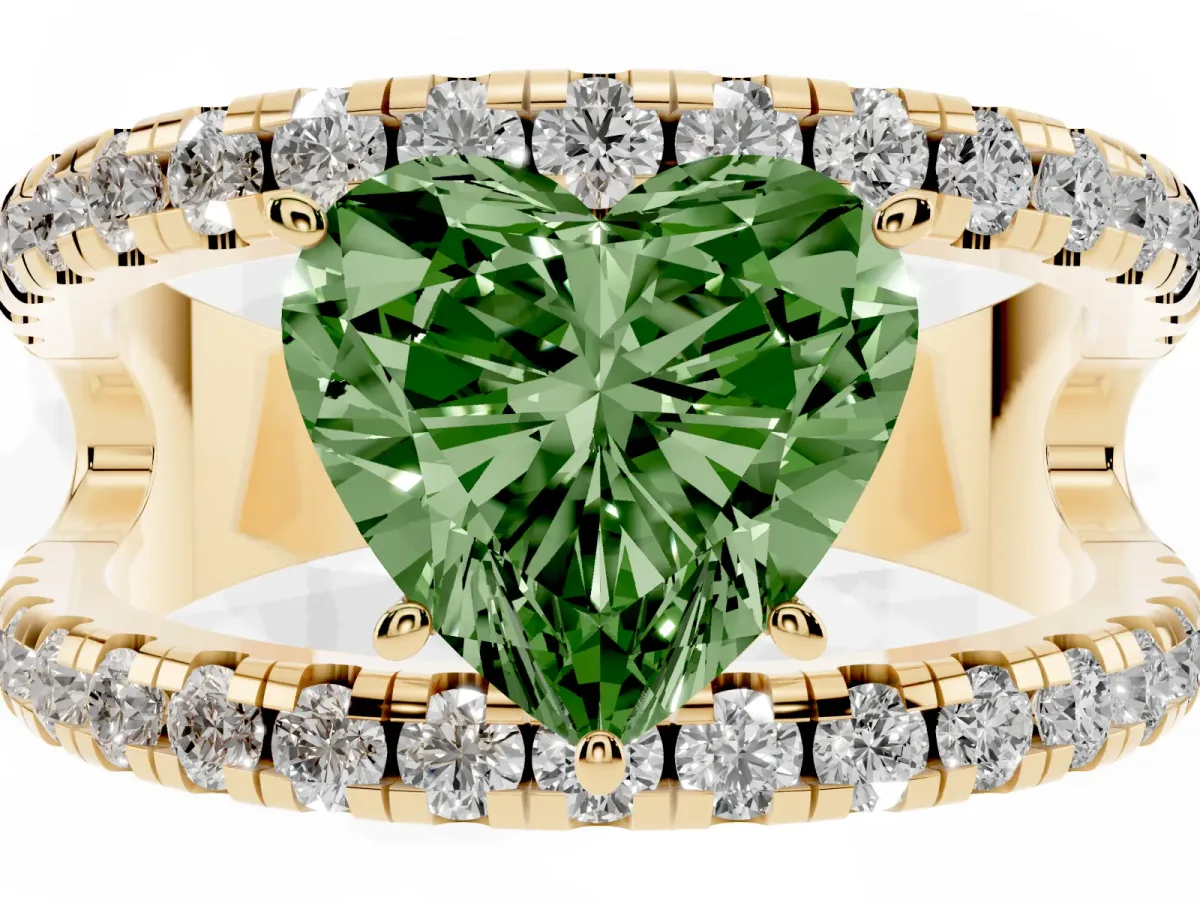 Fancy Green Heart Cut Solitaire Split Shank Pave Diamond Ring Yellow gold