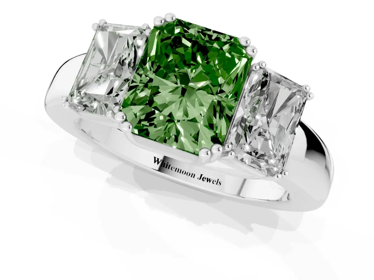 Fancy Green Three-Stone Radiant Cut Cut Diamond Ring with Channel Set Band and Four-Prong Setting White gold