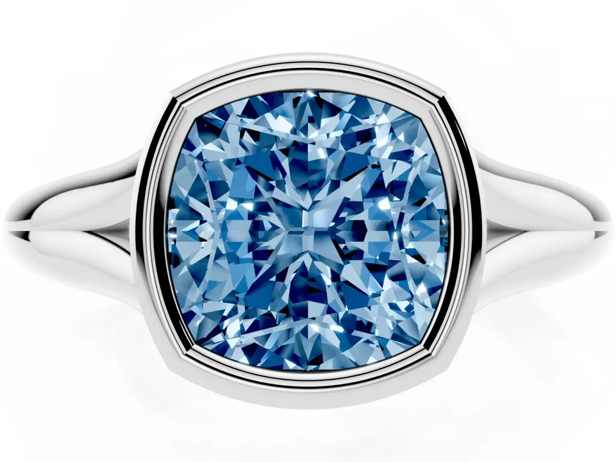 Fancy Blue Bezel Set Cushion Cut Solitaire Diamond Ring with Smooth Band Platinum