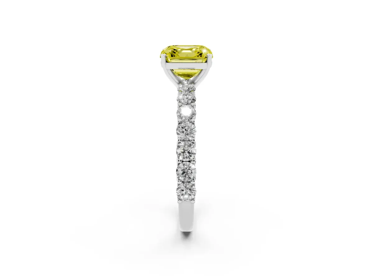 Fancy Yellow Asscher Cut Diamond Solitaire Ring with Shared Prong Pavé Band and Four-Prong Setting Silver