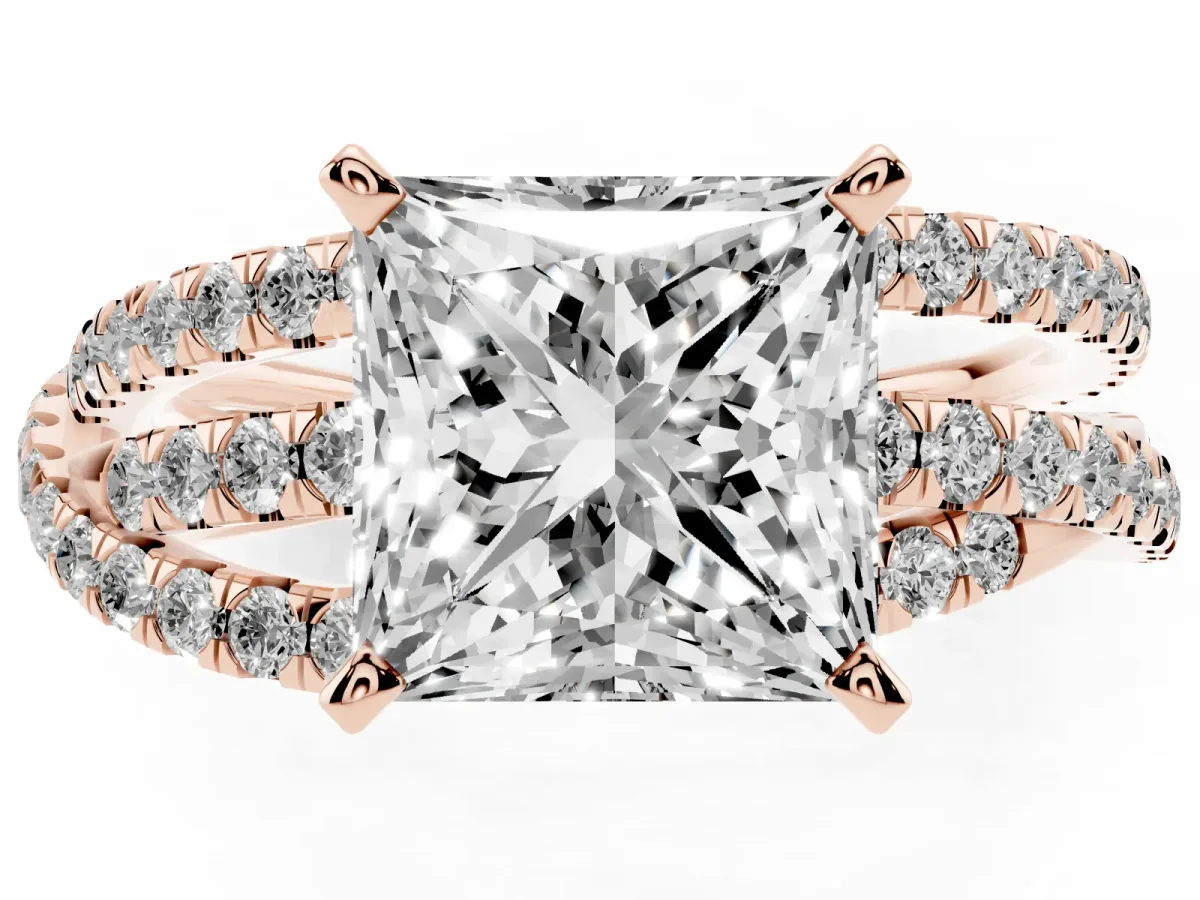 Princess Cut Solitaire Twist Band with Pavé Setting and Four-Prong Setting Rose gold