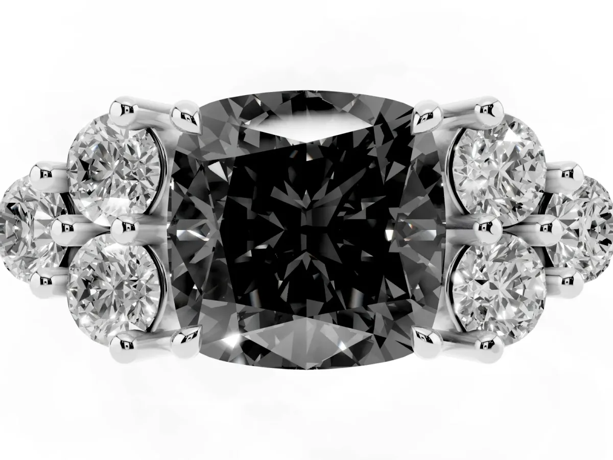 Fancy Black Cushion Cut Brilliant Diamond Cluster Accent Solitaire Ring with Prong Setting Silver