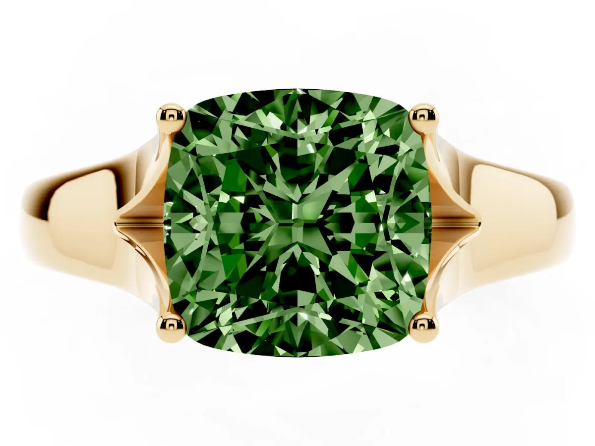 Fancy Green Cushion Cut Solitaire Diamond Ring with Cathedral Band and Four-Prong Setting Yellow gold
