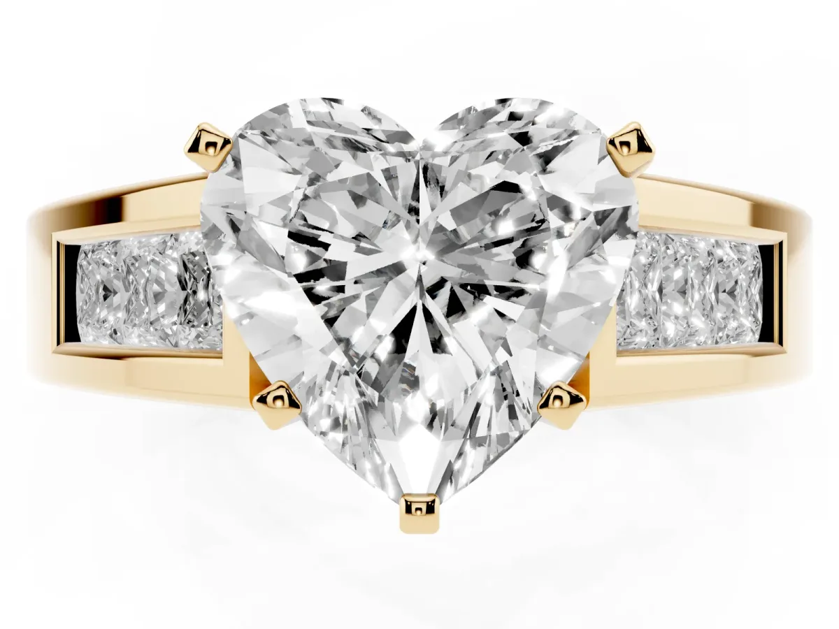 Heart Cut Cut Channel Set Solitaire Ring with Four-Prong Setting Yellow gold