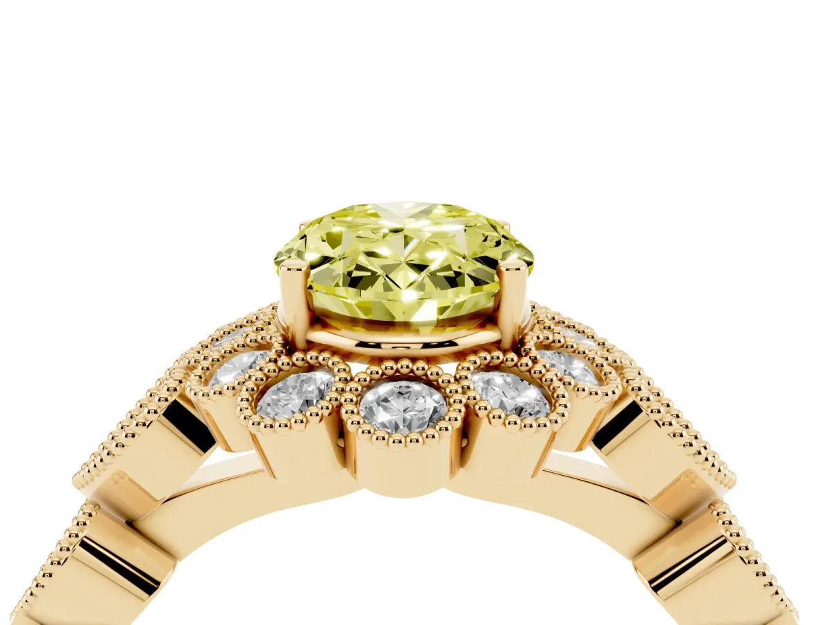 Fancy Yellow Oval Cut Brilliant Milgrain Pave Heart Band Solitaire Ring Yellow gold