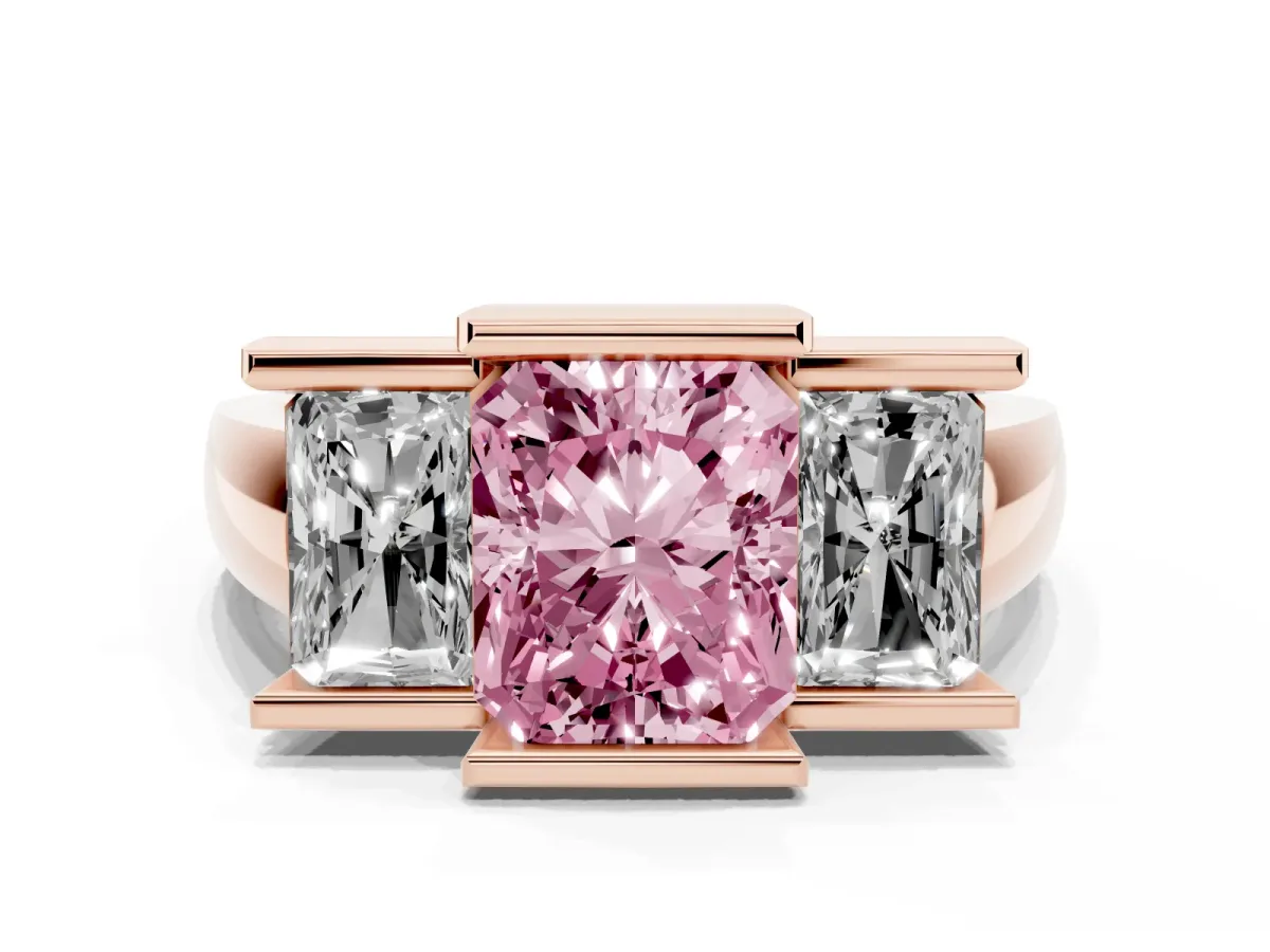 Fancy Pink Three Stone Radiant Cut Cut Channel Set Diamond Ring Rose gold
